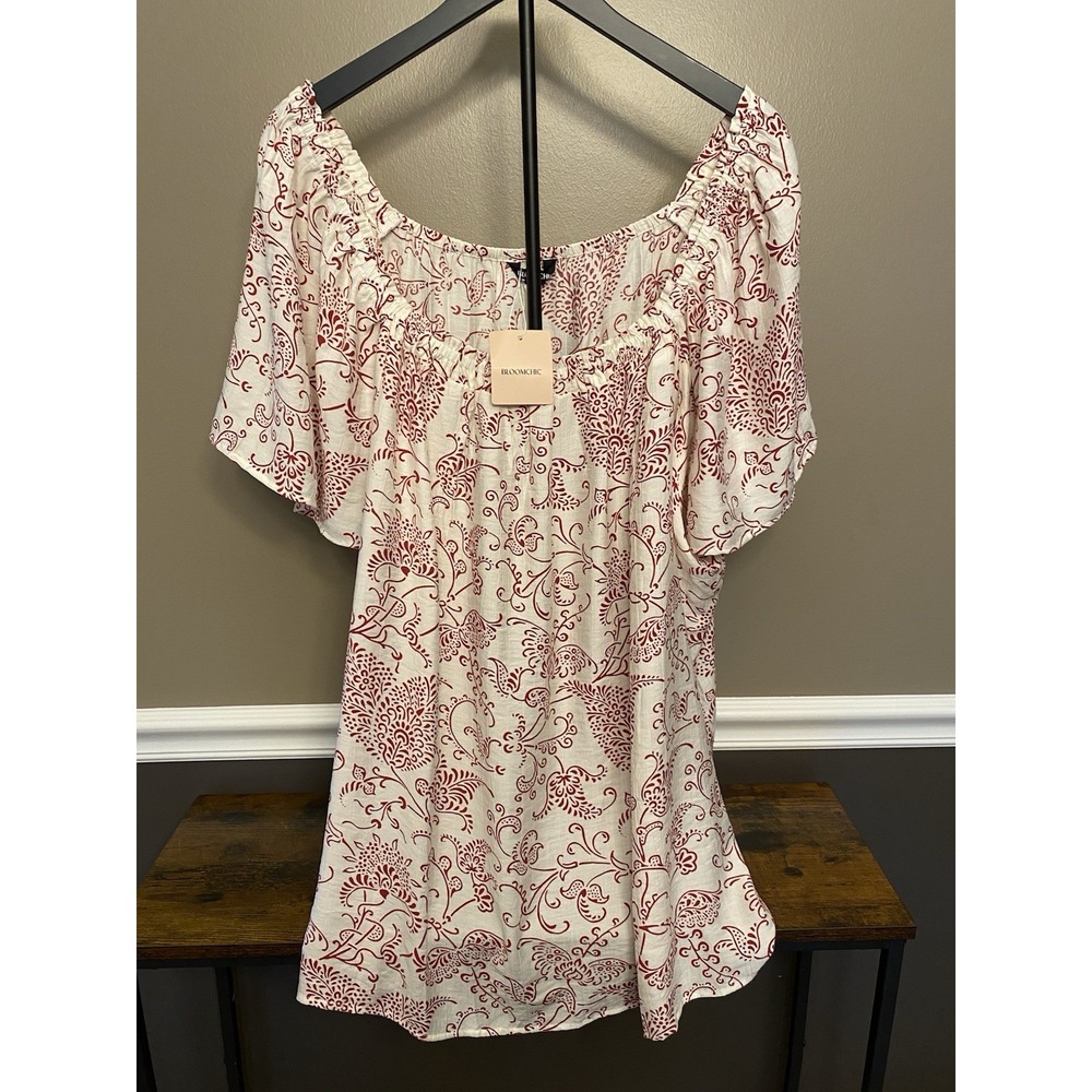 Bloomchic Womens White Red Floral Short Sleeve Boho Blouse Top Size 28